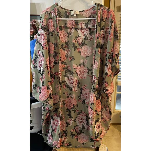 Girl Soul Beautiful Sheer Floral Kimono Style Drape Pink Olive Green Size 2x - Picture 1 of 5